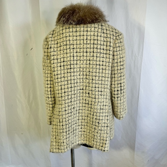VINTAGE WOOL TWWED TRENCH COAT VINTAGE FUR VOAT CREAM BLACK  PLAID PATTERN S - Picture 7 of 17